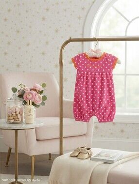 5/$100 Pink Polka Dot Baby Romper with Orange Trim